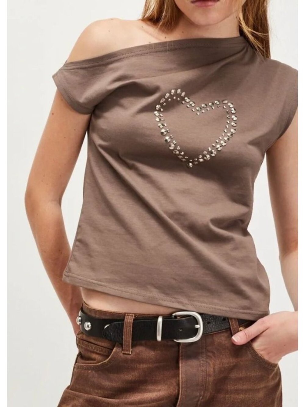 NWT Free People Understated Leather Brown Off-Shoulder Heart Tee-sz XL